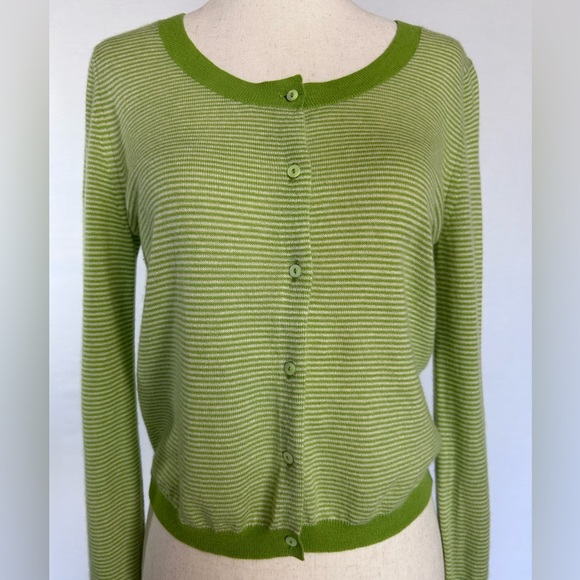Gap 100% Cashmere Lightweight Cardigan Sweater Apple Green and White Stripes EUC - Picture 2 of 11